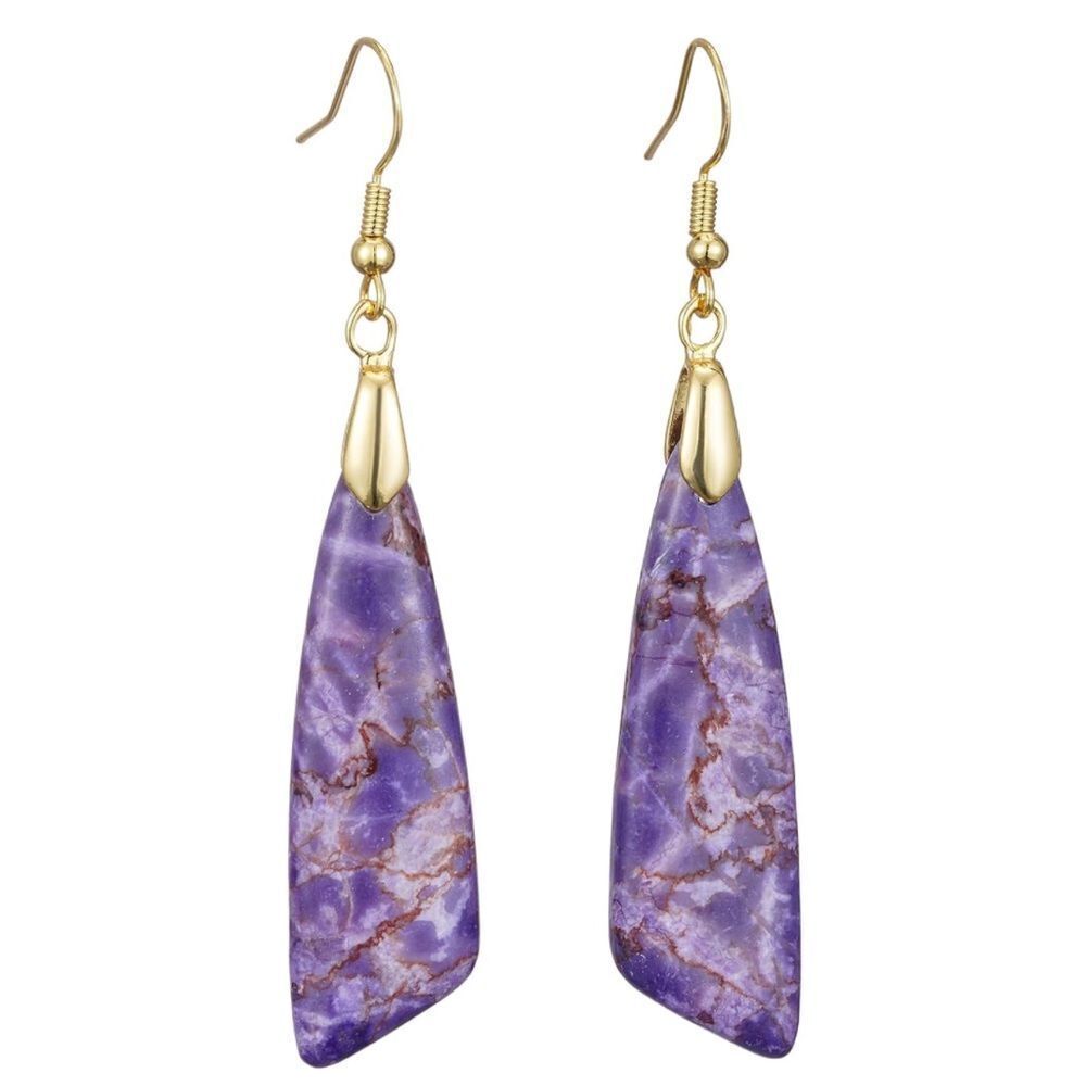 18K Yellow Gold with Natural Imperial Purple Jasper Stone Dangling Hook Earrings